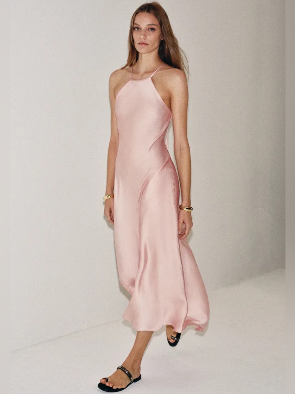 Zara NEW Satin Effect Halter Midi Dress Adjustable Tie Straps Pink Medium